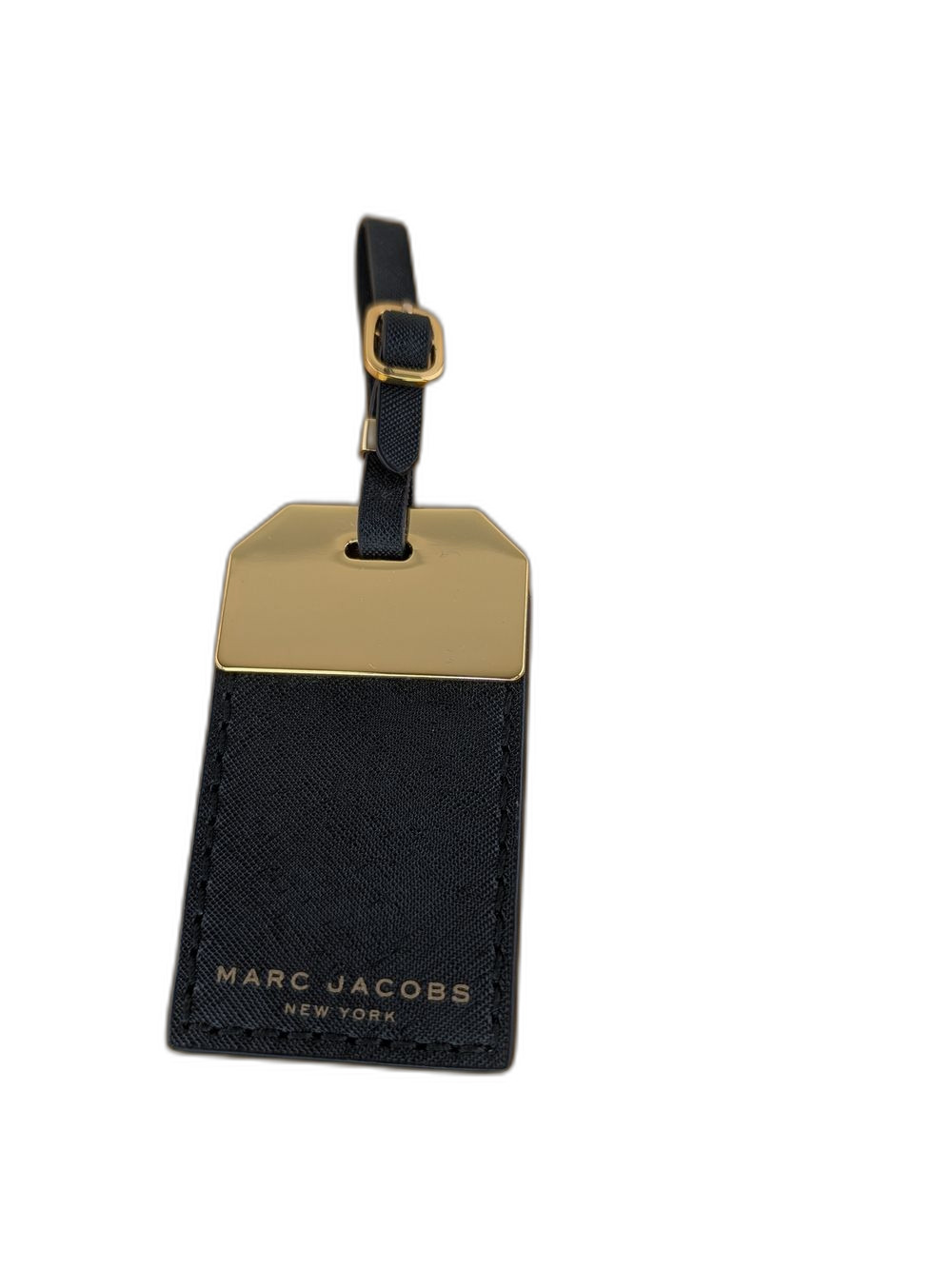 Marc Jacobs Black Leather Luggage Hang Tag Bag Charm Accesory Gold Plate Detail